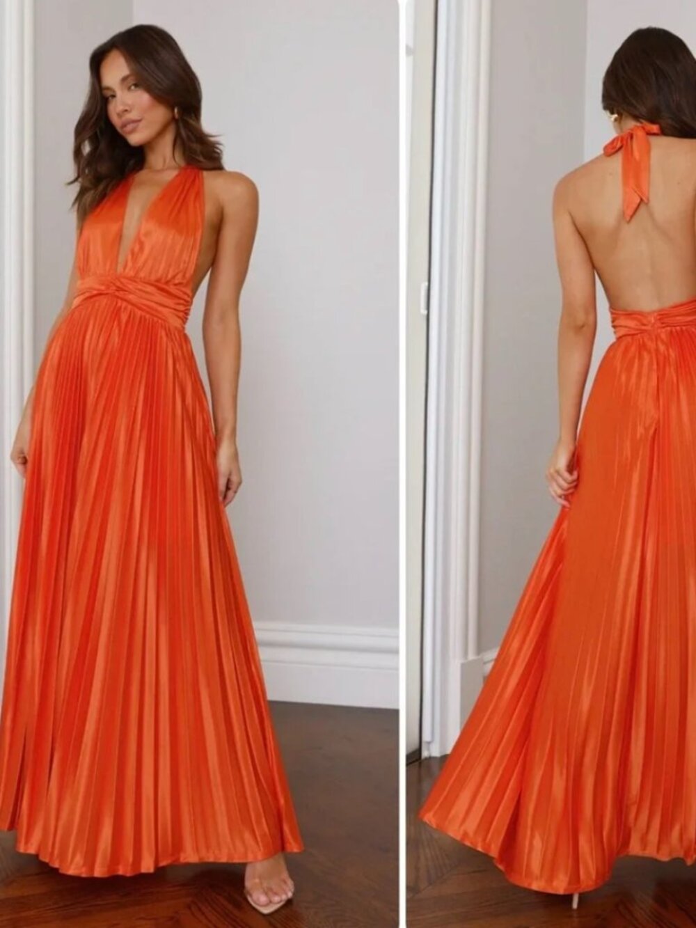 Shimmering Sea Pleated Halter Maxi Dress Orange SMALL PETITE (4P) - Picture 2 of 3